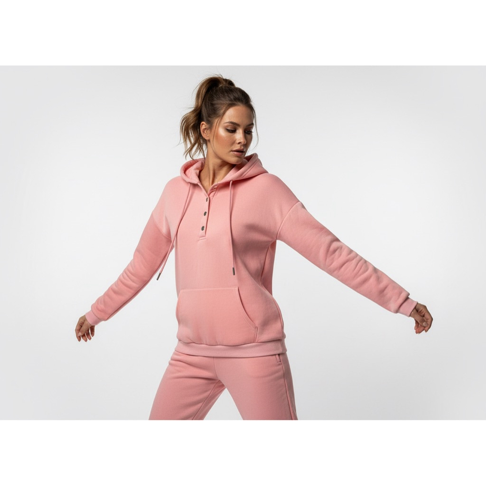 Women's Moshu Pink Henley Hoodie Sweatshirt L